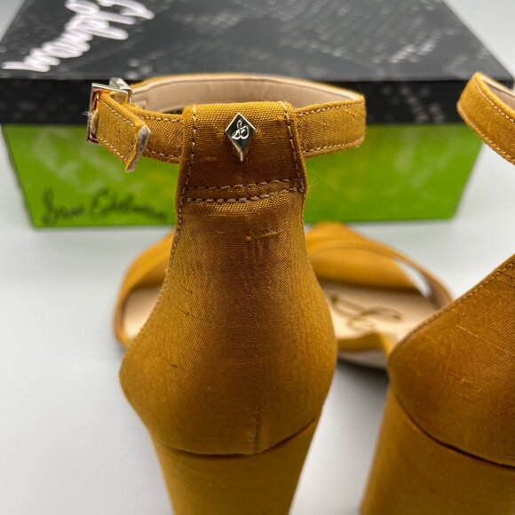 Sam Edelman Sz 10 Mustard Yellow Strappy Block Yaro Heel Satin Wedding Guest - Picture 6 of 9